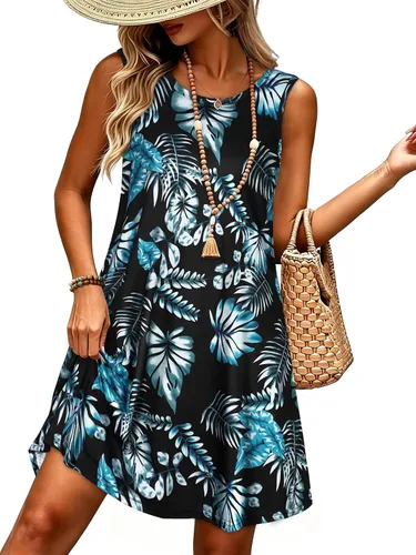 Vista 52 de elescat Vestidos de verano para mujer 2025, vestido casual de playa sin mangas con estampado floral, tipo camiseta, suelto y con bolsillos