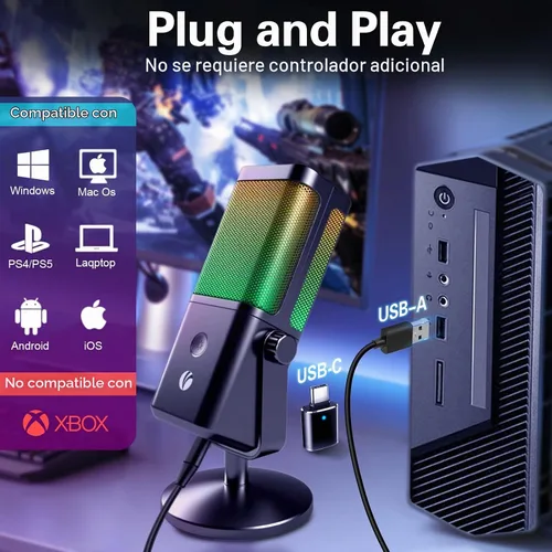 Vista 9 de VCOM - Micrófono USB para PC, micrófono RGB para juegos con botón de silencio, control de ganancia, conector de auriculares de monitoreo de 3.5 mm