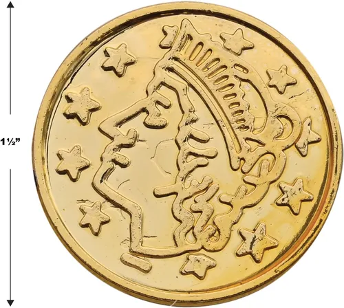 Vista 4 de Beistle 100 monedas de plástico dorado pirata en relieve, suministros temáticos occidentales, recuerdos de fiesta de casino, 1.5 pulgadas Embossed