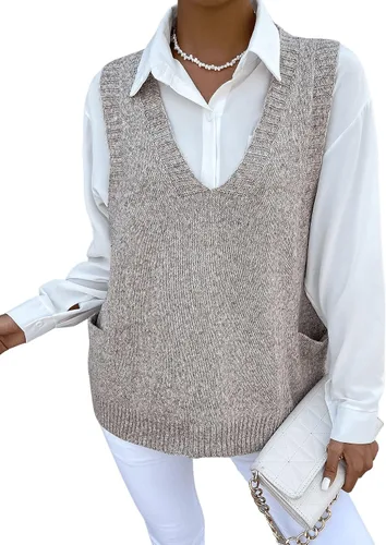 Vista 5 de Romwe Suéter de gran tamaño para mujer, cuello en V, doble bolsillo lateral, sin mangas, suéter de punto marmolado, suéter sin mangas