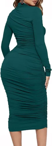 Vista 3 de Ekaliy Vestido midi ajustado y fruncido para mujer, sexy, con cuello alto falso, manga larga, vestidos de tubo