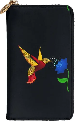 Vista 3 de Cartera larga con cremallera para mujer, diseño de colibrí, color negro, tarjetero para tarjetas de crédito