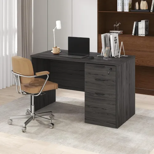 Vista 22 de Furinno Roger 60 Inch Executive Desk with File Cabinet, Home Office Desk with 3-Drawer Fixed Pedestal Filing Cabinet, Desk Cord Grommet, for Home