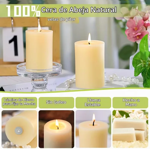 Vista 7 de Paquete de 3 velas de cera de abeja en forma de pilar, velas de cera de abeja blanco marfil - 105 horas de combustión larga, velas de cera de abeja