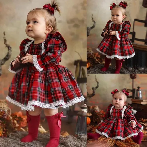 Vista 2 de B30 - Vestido de princesa con estampado de encaje para bebé y niña ropa para bebé Rojo 6-12 meses