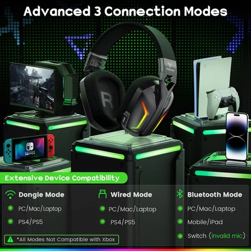 Vista 7 de WESEARY 7.1 Wireless Gaming Headset with Microphone for PS4, PS5, PC, Switch, Mac, 2.4GHz Bluetooth Gaming Headphones with Crystal-Clear Mic, 50Hr