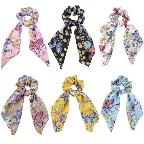 Vista 9 de Bufanda para el cabello, coleta de caballo con 6 bufandas, estampado de flores de cachemira, material de gasa, para mujeres y niñas, accesorios