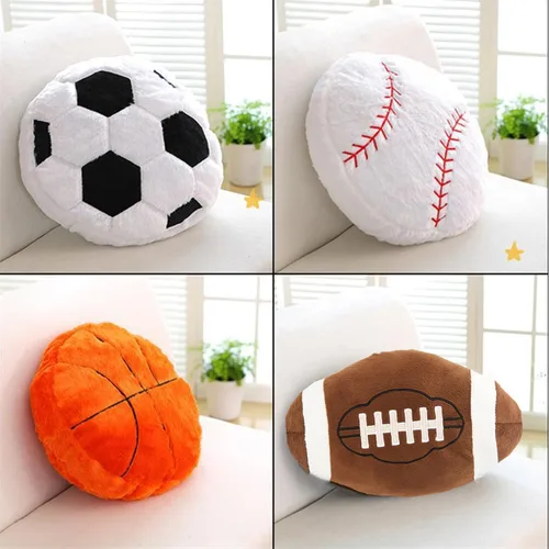 Vista 3 de 4 piezas de almohadas de felpa con diseño de pelotas de deportes, almohada de béisbol esponjosa, almohada de baloncesto de felpa, almohada de fútbol