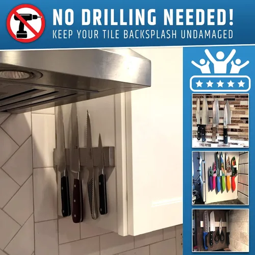 Vista 6 de Adhesivo fuerte (sin taladro) Soporte magnético para cuchillos para pared, tira profesional de cuchillos de 10 pulgadas, no necesita tornillos