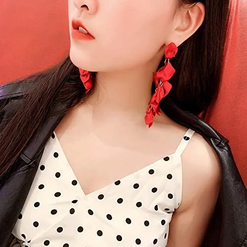 Vista 6 de Pendientes largos colgantes con borla y pétalos de rosa de resina para colgar con borla floral para mujeres y niñas regalos elegantes de joyería