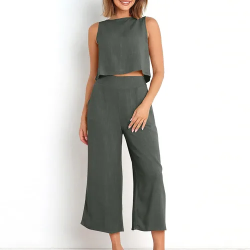 Vista 5 de Ganfancp Conjunto de 2 piezas para mujer, de verano, casual, de algodón, lino, sin mangas, con botones en la espalda, pantalones de pierna ancha