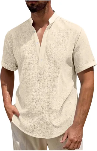 Vista 13 de Camisa hawaiana para hombre, manga corta, cuello en V, cuello en V, camisas de lino con botones, camisetas de crucero, camisetas casuales bohemias