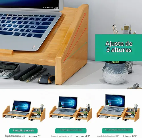 Vista 4 de Ufine Soporte de Bambú para Laptop de Escritorio con 3 Alturas Ajustables, Soporte para Notebook, Elevador de Monitor de Computadora con Estante