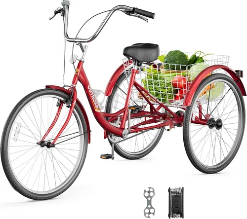 Vista 11 de Outroad - Triciclo Comfort de 24/26 pulgadas, triciclo de crucero de 1 velocidad, bicicletas de 3 ruedas con cesta grande para personas mayores