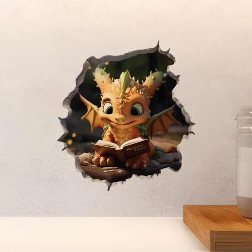 Vista 4 de Calcomanía de dragón leyendo en el agujero de la pared, adhesivo de pared con agujero de ratón con efecto 3D