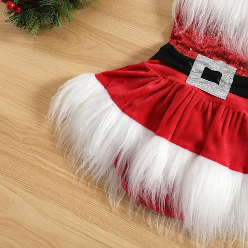Vista 7 de Mono de Navidad de terciopelo con cuello halter y sombrero de Papá Noel disfraz de Navidad