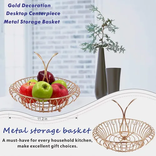 Vista 5 de ALLCENER Frutero para encimera de cocina, cesta de frutas con mango en forma de hoja, soporte de frutas elegante y funcional, canasta dorada