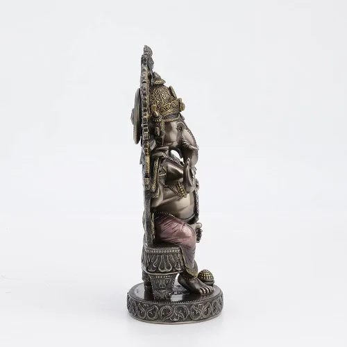 Vista 6 de Veronese Design 10 1/4 pulgadas de alto Lord Ganesha sentado en el trono con arco del templo elefante hindú Dios Fortuna Estatua de resina bronceada