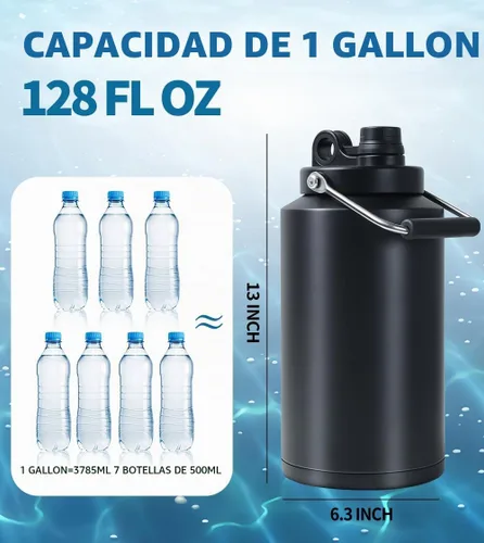Vista 2 de Jarra de Agua de Galón, Botella de Agua Aislada, Jarra de 1 Galón con Asa, Botella de Agua Grande de Acero Inoxidable de 128 oz de Boca Ancha