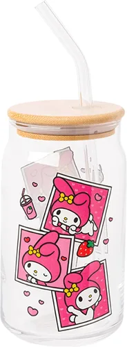 Vista 33 de Silver Buffalo Sanrio - Vaso de vidrio con tapa de bambú y sorbete de vidrio de fotos de Badtz-Maru, 16 onzas