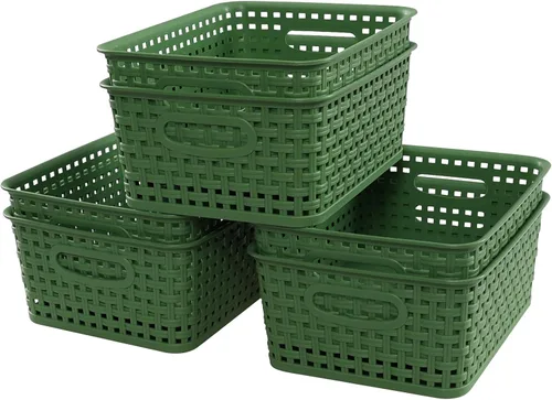 Vista 9 de Cesta de almacenamiento de plástico tejido, 10.03 x 7.55 x 4.09 pulgadas, juego de 6, verde Classic Woven Design, Dual Cutout Handles, Nestable