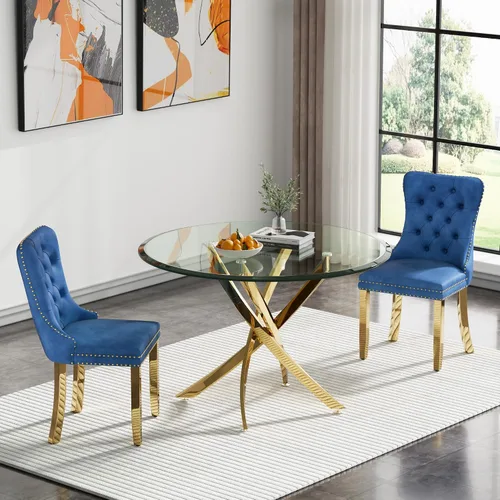 Vista 19 de Juego de mesa de comedor SSLine moderno de 3 piezas con mesa redonda de vidrio para 2, lujosa mesa de comedor circular de 36" con tapa de vidrio