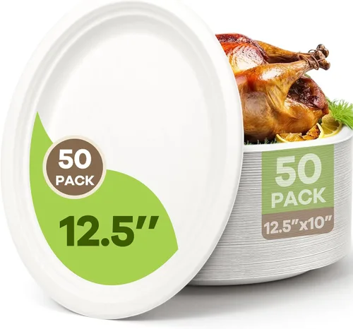 Vista 10 de Platos de papel ovalados compostables, 12.5 pulgadas, paquete de 25 platos desechables de bagazo resistentes, ecológicos, biodegradables