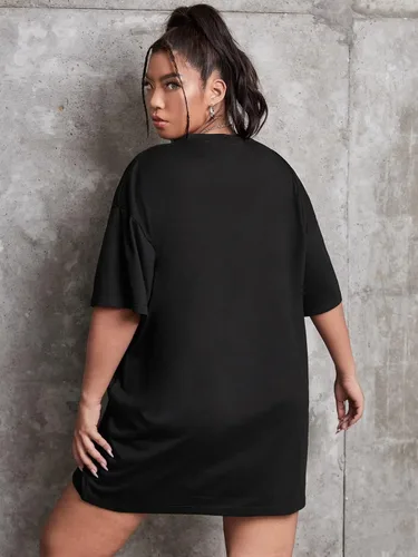 Vista 2 de Verdusa Camiseta de gran tamaño con estampado de letras y hombros caídos para mujer