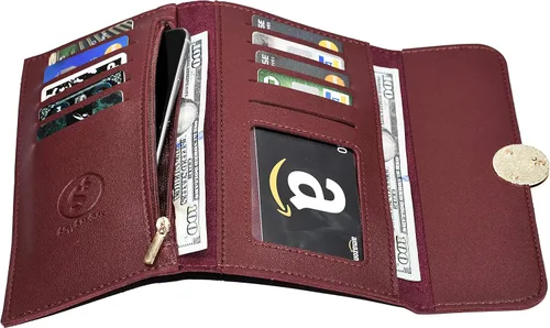 Vista 3 de SexySandbox Cartera de piel de tres pliegues para mujer, organizador de tarjetas de crédito, chequera con bolsa con cremallera