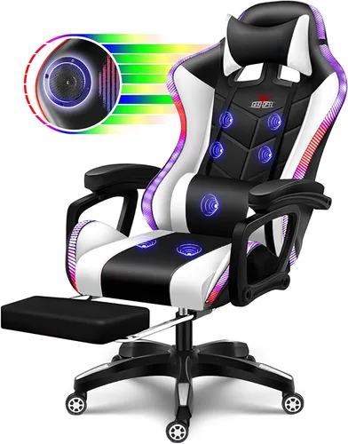 Vista 10 de Silla ergonómica para juegos profesional con luces LED y altavoces, silla de videojuegos con masaje y reposapiés, silla de computadora de respaldo