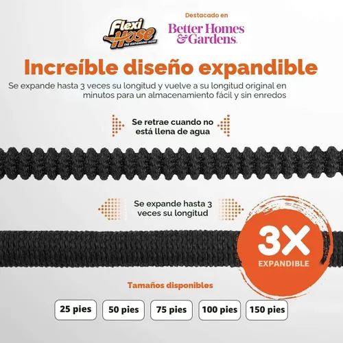 Vista 2 de Flexi Hose manguera de jardín expandible con boquilla de 8 funciones, 25 pies - manguera de jardín retráctil ligera, manguera de agua - flexibilidad