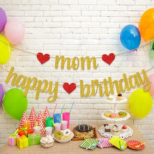 Vista 4 de Cartel de feliz cumpleaños con texto en inglés "Mom Happy Birthday", decoraciones para fiesta de cumpleaños de las mujeres, suministros de fiesta