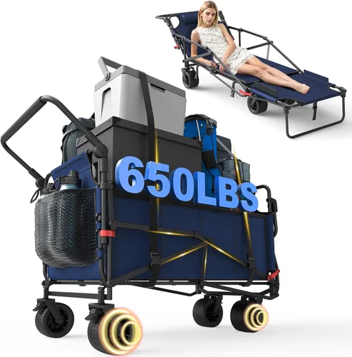 Vista 11 de LEVELEVE Vagón Plegable de Servicio Pesado - Carrito Plegable 2 en 1, Capacidad de 400 libras, Ruedas Todo Terreno con Frenos y Bolsillos Laterales