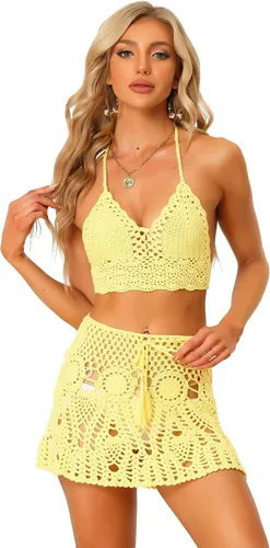 Vista 6 de Allegra K Conjunto de bikini de 2 piezas para mujer, top con huecos, minifalda, verano, playa, conjuntos de punto de ganchillo