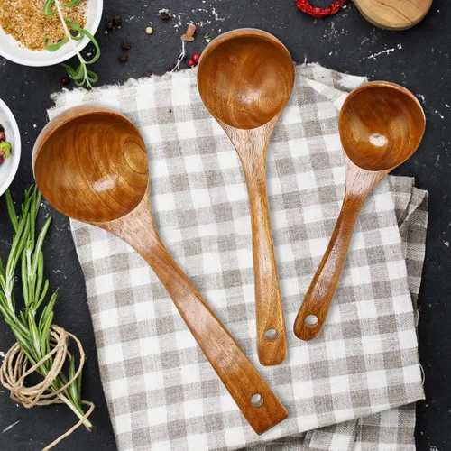 Vista 2 de Paquete de 3 cucharones de madera para servir, cucharón de sopa, cucharón de madera para cocinar, cucharón grande, herramientas de cocina
