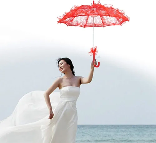 Vista 3 de Fdit Paraguas de algodón con encaje nupcial para bodas fiestas bailar fotografía accesorio rojo