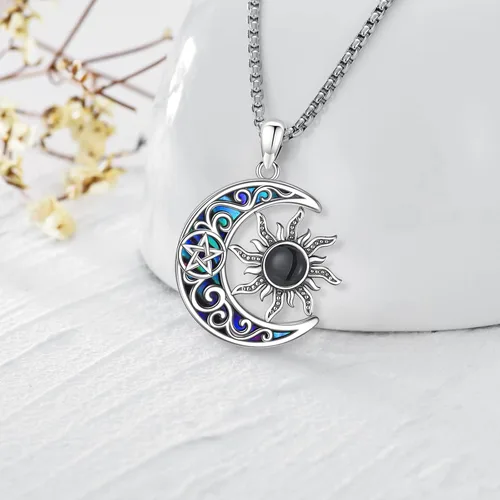 Vista 137 de Collar de pentagrama de plata de ley con triple luna, diosa celta, nudo celta, nudo de brujas, Ankh, sol y luna, Hécate, lilith, Santa Muerte