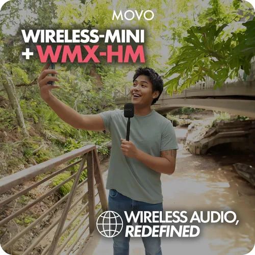 Vista 2 de Movo Mini micrófonos inalámbricos inalámbricos para cámara con adaptador de mano WMX-HM - Transmisor inalámbrico de 2.4Ghz con micrófono de solapa