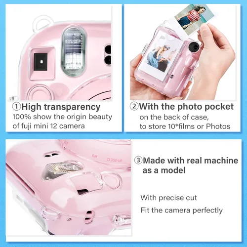 Vista 4 de MUZIRI KINOKOO Funda transparente compatible con cámara Instax Mini 12, funda rígida de PVC transparente para Fuji Instax Mini 12 con bolsillo