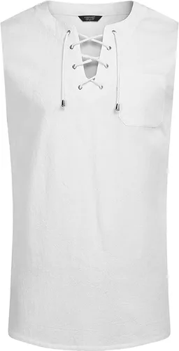Vista 4 de Camiseta sin mangas de algodón y lino para hombre, ligera, con botones, ajuste sencillo