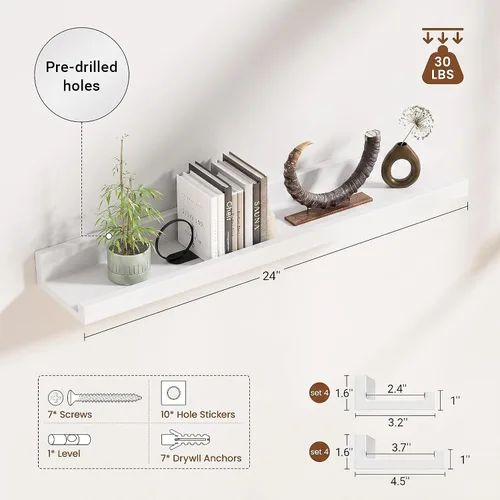 Vista 2 de Heimlove Juego de 4 estantes flotantes blancos de 24 pulgadas para pared