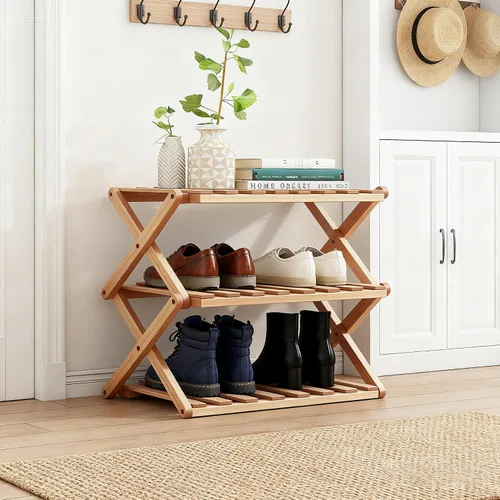 Vista 2 de Zapatero de bambú de 3 niveles, organizador plegable de almacenamiento de zapatos para armario, dormitorio, entrada y sala de estar, diseño portátil