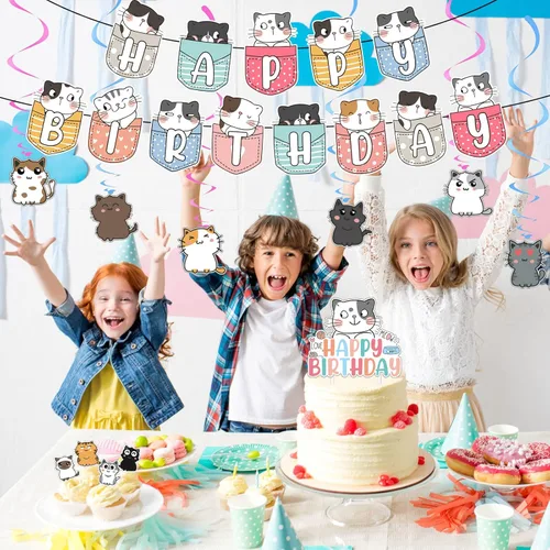 Vista 5 de Zhanmai 106 piezas de suministros de fiesta de cumpleaños con temática de gato, incluyen una bonita pancarta de feliz cumpleaños, remolinos