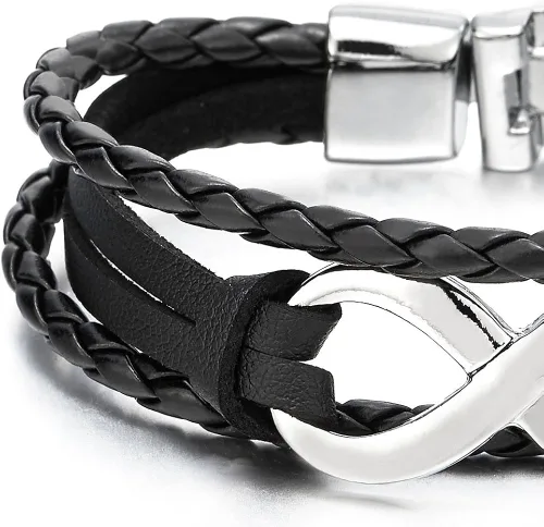 Vista 3 de COOLSTEELANDBEYOND Infinity Love Number 8 - Pulsera de cuero para hombres y mujeres, pulsera de tres filas