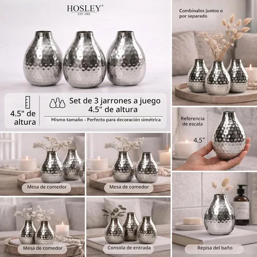 Vista 3 de Hosley Juego de 3 jarrones metálicos con acabado plateado de 4.5 pulgadas, decoración moderna de mesa para sala de estar, mesa auxiliar, comedor y 1