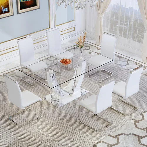 Vista 13 de JUFU Juego de mesa de comedor de cristal de 71 pulgadas para 6, juego de mesa de comedor moderno con base de textura de mármol sintético blanco