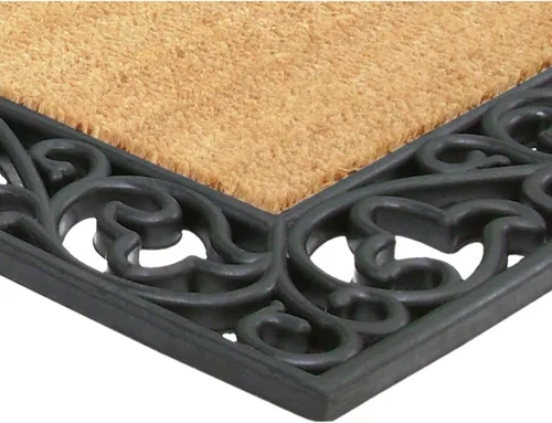 Vista 5 de Felpudo monograma de media luna de fibra de coco con diseño de borde de goma antideslizante, inicial de monograma, borde de goma negro, 22 x 36