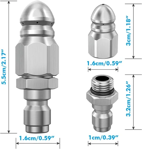 Vista 6 de Boquilla de chorro de alcantarillado, cabezal de boquilla de chorro de alcantarillado de acero inoxidable, conector rápido de 1/4", boquilla