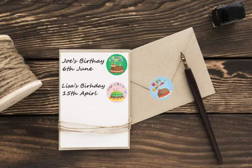 Vista 3 de Calcomanías de cumpleaños para tarjetas, 1 rollo, 500 unidades, 6 bonitos diseños de pastel de cumpleaños, etiquetas adhesivas redondas de 1