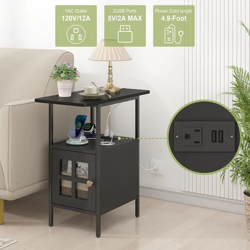 Vista 5 de Mesa Auxiliar Estrecha Estilo Granja con Estación de Carga - Mesa Lateral de 3 Niveles con USB y Enchufes, Mesa de Noche Compacta de Almacenamiento